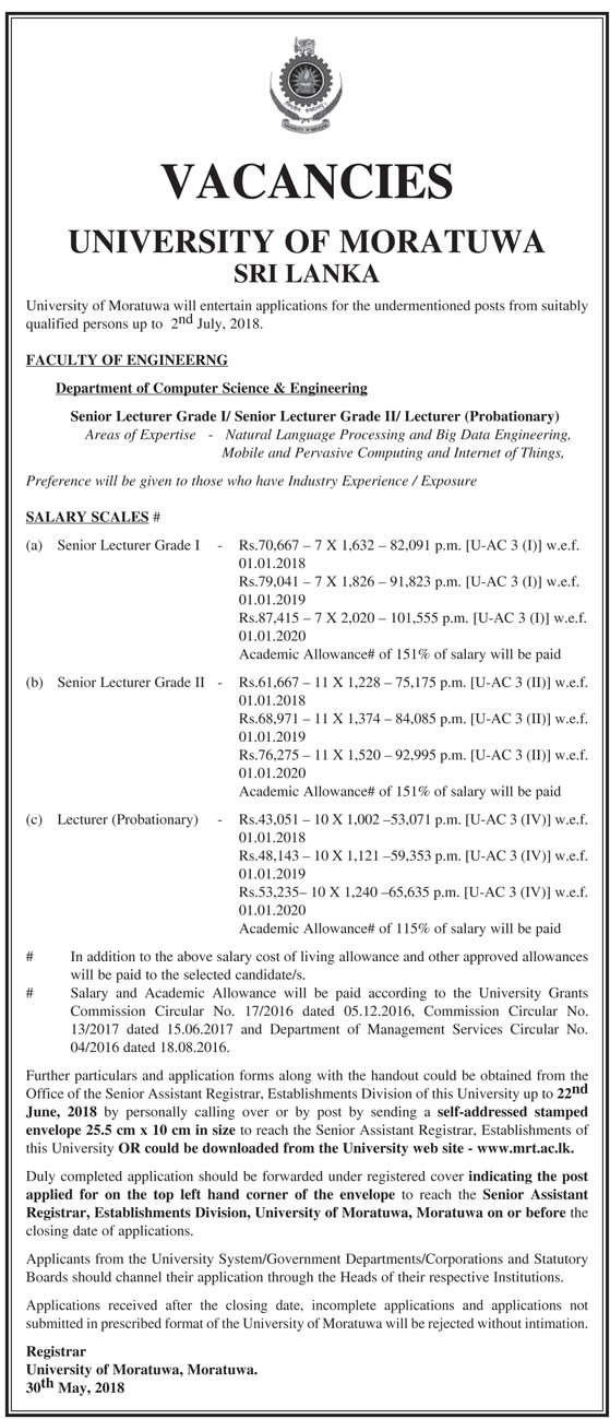 Senior Lecturer, Lecturer (Probationary) - University of Moratuwa